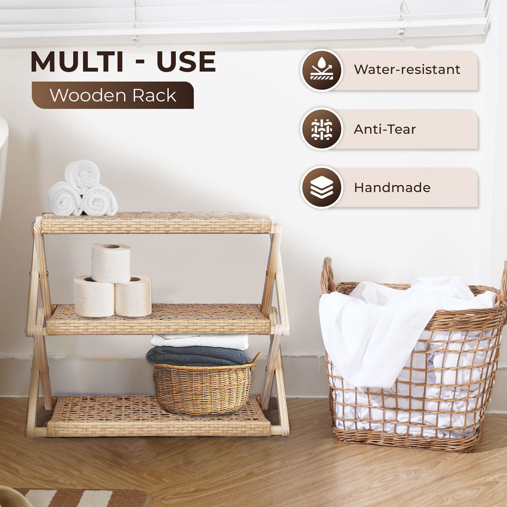 Foldable Pine Wood Shoe Rack with PE Wicker Shelves, Space-Saving 3-Tier Storage Organizer - Image 10