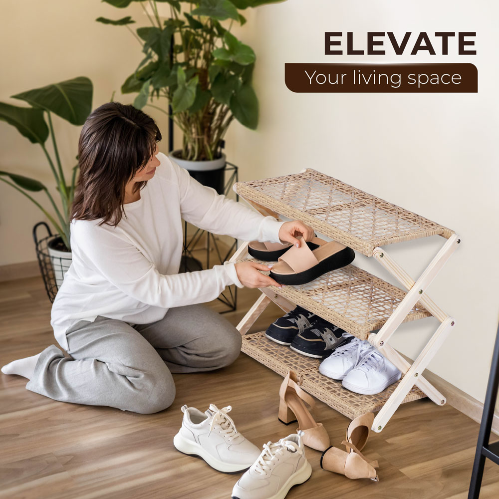 Foldable Pine Wood Shoe Rack with PE Wicker Shelves, Space-Saving 3-Tier Storage Organizer - Image 6