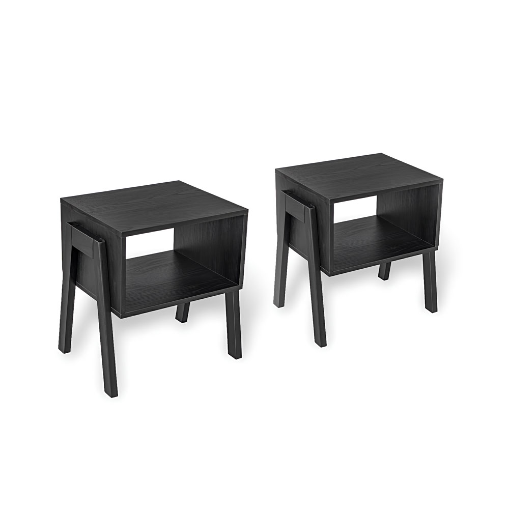 Set of 2 Stackable Black End Tables with Storage Shelf – Particle Board & Solid Pine Legs - Image 9