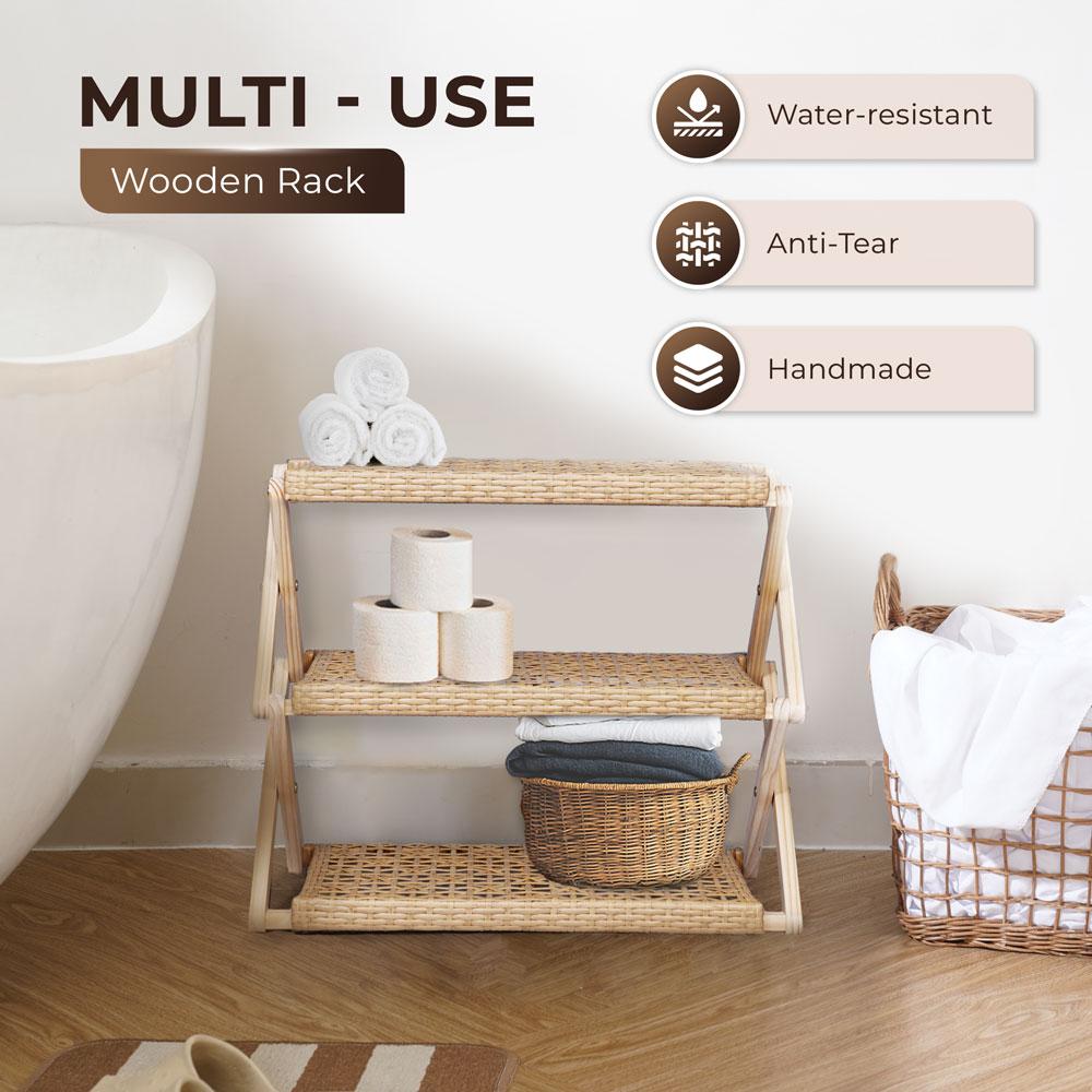 Foldable Pine Wood Shoe Rack with PE Wicker Shelves, Space-Saving 3-Tier Storage Organizer - Image 11