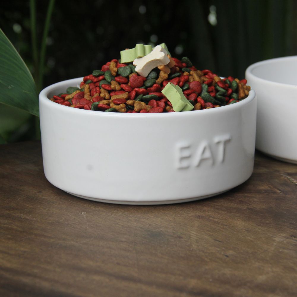 Set of 2 Stoneware Pet Bowls for Cats & Small Dogs – White Cute Text High-Gloss Easy-Clean Pet Dish - Image 7