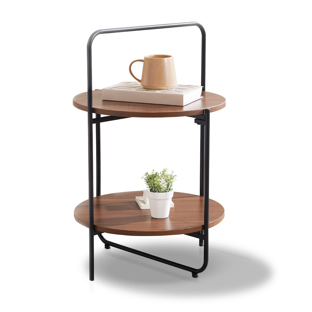 Round 2-Tier End & Brown Side Table with Foldable Steel Frame and MDF Shelves - Image 18