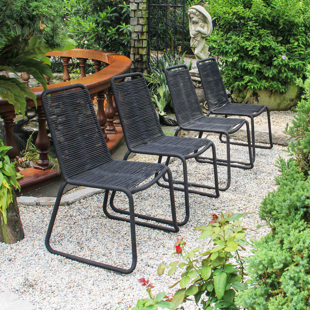 Patio Stacking Chair Set of 4 – Black Rope Weaving Steel Frame Outdoor Dining Chairs