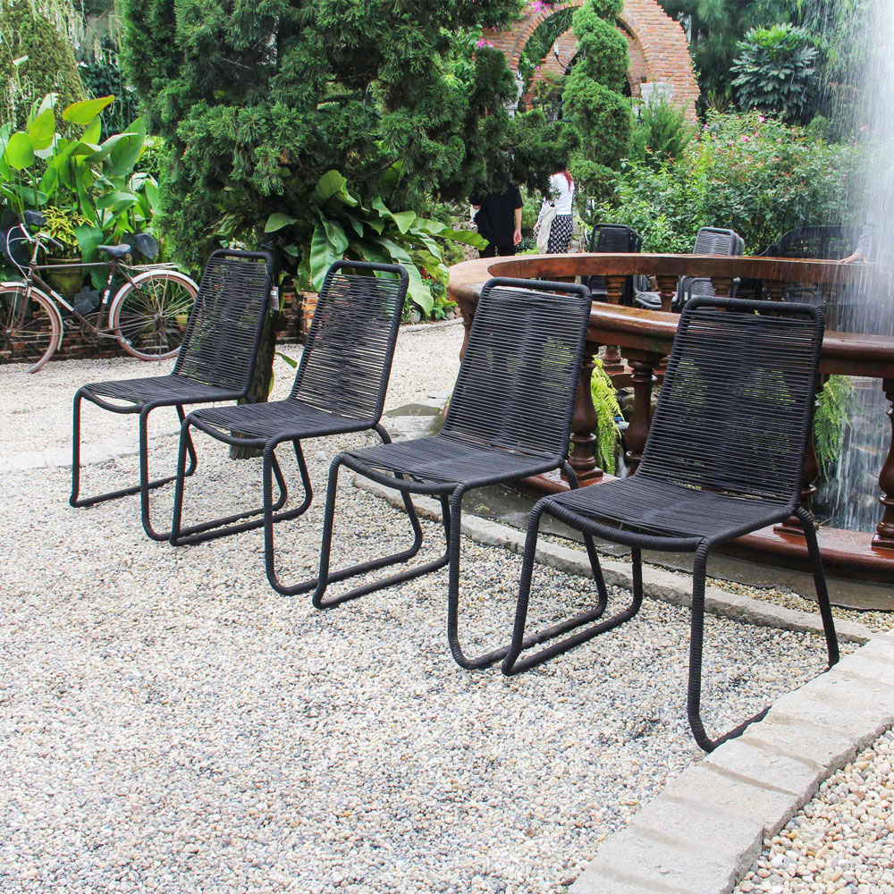 Patio Stacking Chair Set of 4 – Black Rope Weaving Steel Frame Outdoor Dining Chairs - Image 10