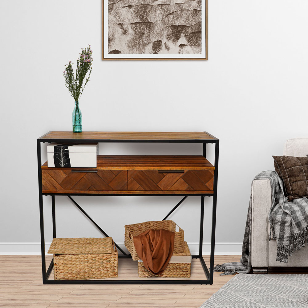 Acacia Wood Console Table with 2 Drawers & Powder-Coated Steel Frame