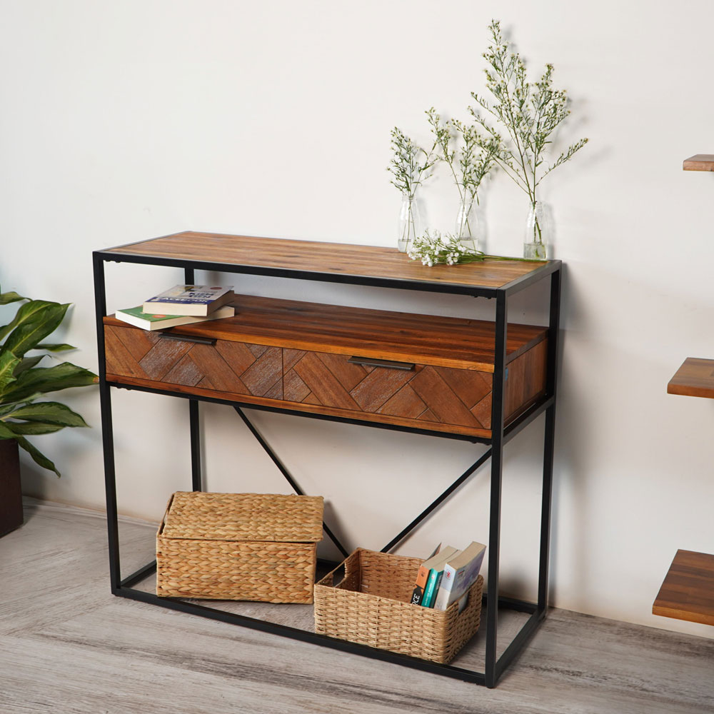 Acacia Wood Console Table with 2 Drawers & Powder-Coated Steel Frame - Image 8