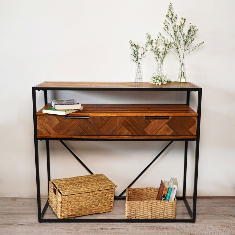 Acacia Wood Console Table with 2 Drawers & Powder-Coated Steel Frame - Image 7