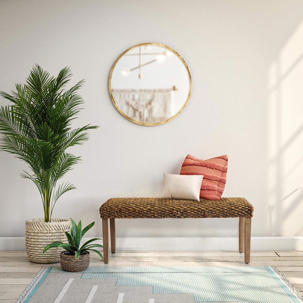 Handmade Acacia Indoor Bench with Grey Water Hyacinth Braided Seat