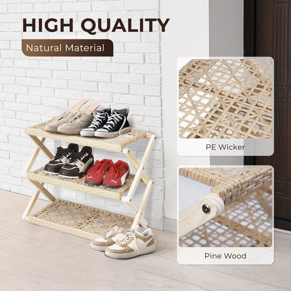 Foldable Pine Wood Shoe Rack with PE Wicker Shelves, Space-Saving 3-Tier Storage Organizer - Image 9