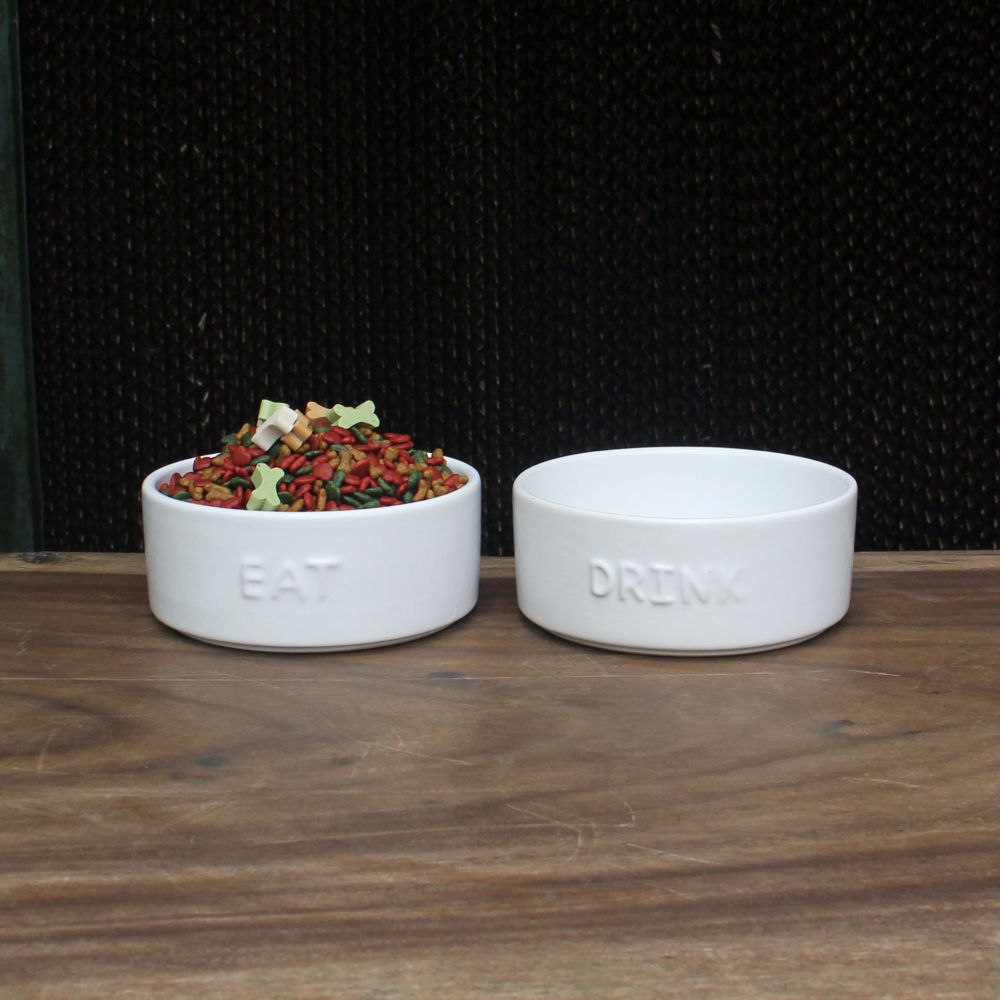 Set of 2 Stoneware Pet Bowls for Cats & Small Dogs – White Cute Text High-Gloss Easy-Clean Pet Dish - Image 6