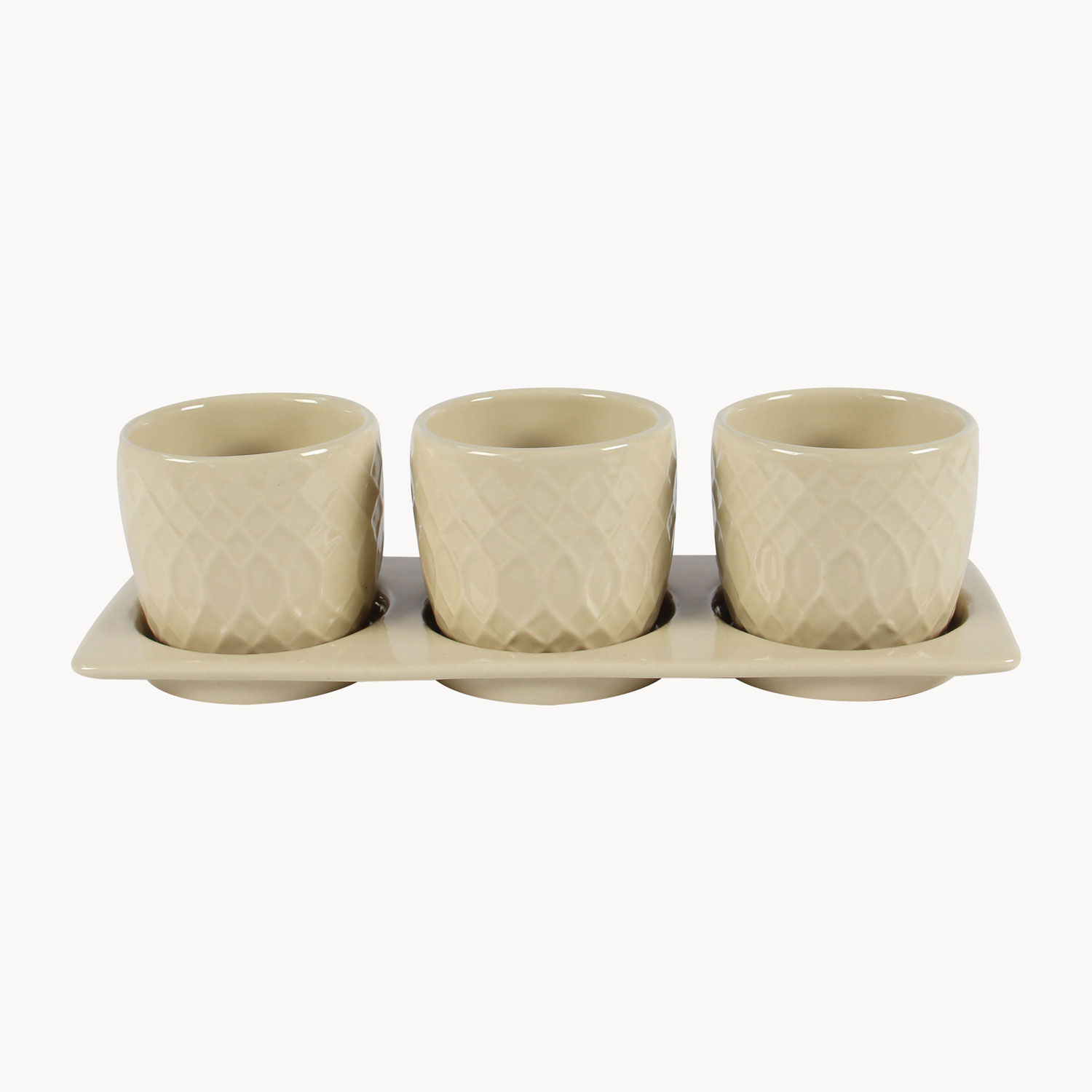 Stoneware Indoor Planter Set with Tray – Criss-Cross Pattern Modern Decorative Pots (Set of 3) - Image 4