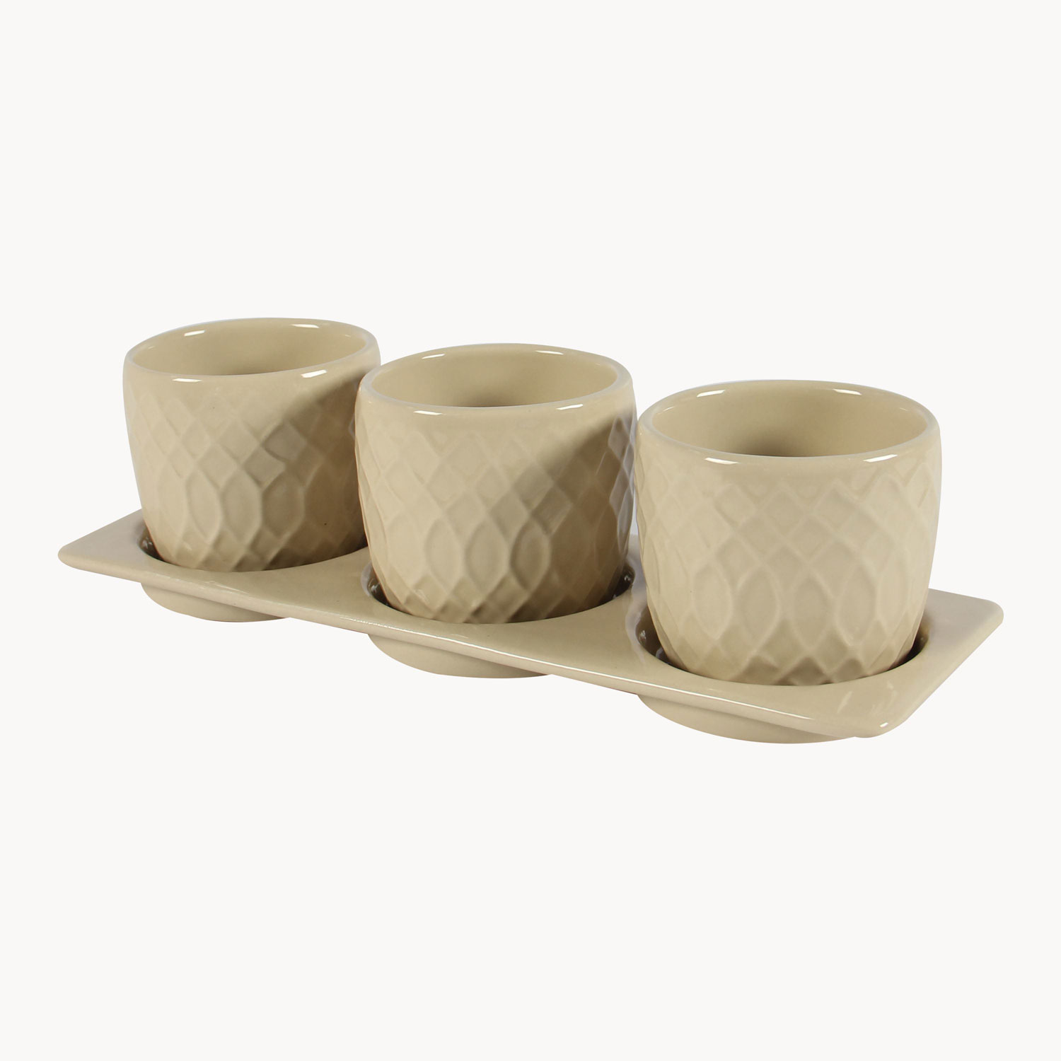 Stoneware Indoor Planter Set with Tray – Criss-Cross Pattern Modern Decorative Pots (Set of 3)