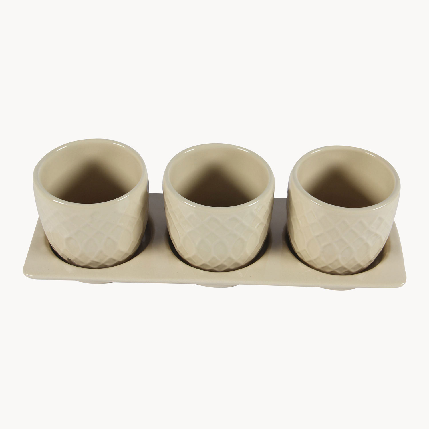 Stoneware Indoor Planter Set with Tray – Criss-Cross Pattern Modern Decorative Pots (Set of 3) - Image 2