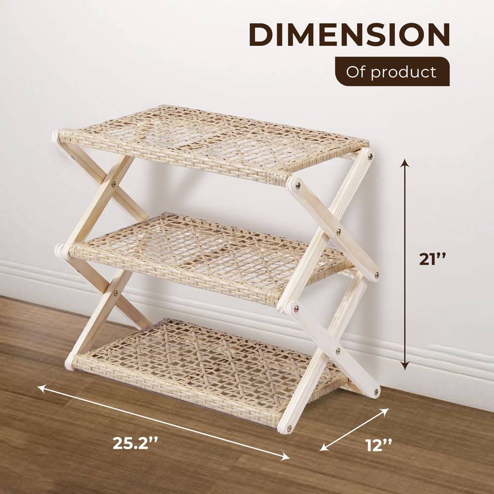 Foldable Pine Wood Shoe Rack with PE Wicker Shelves, Space-Saving 3-Tier Storage Organizer - Image 8