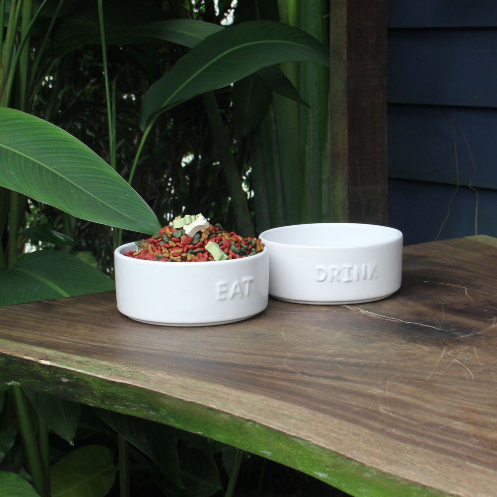 Set of 2 Stoneware Pet Bowls for Cats & Small Dogs – White Cute Text High-Gloss Easy-Clean Pet Dish - Image 5