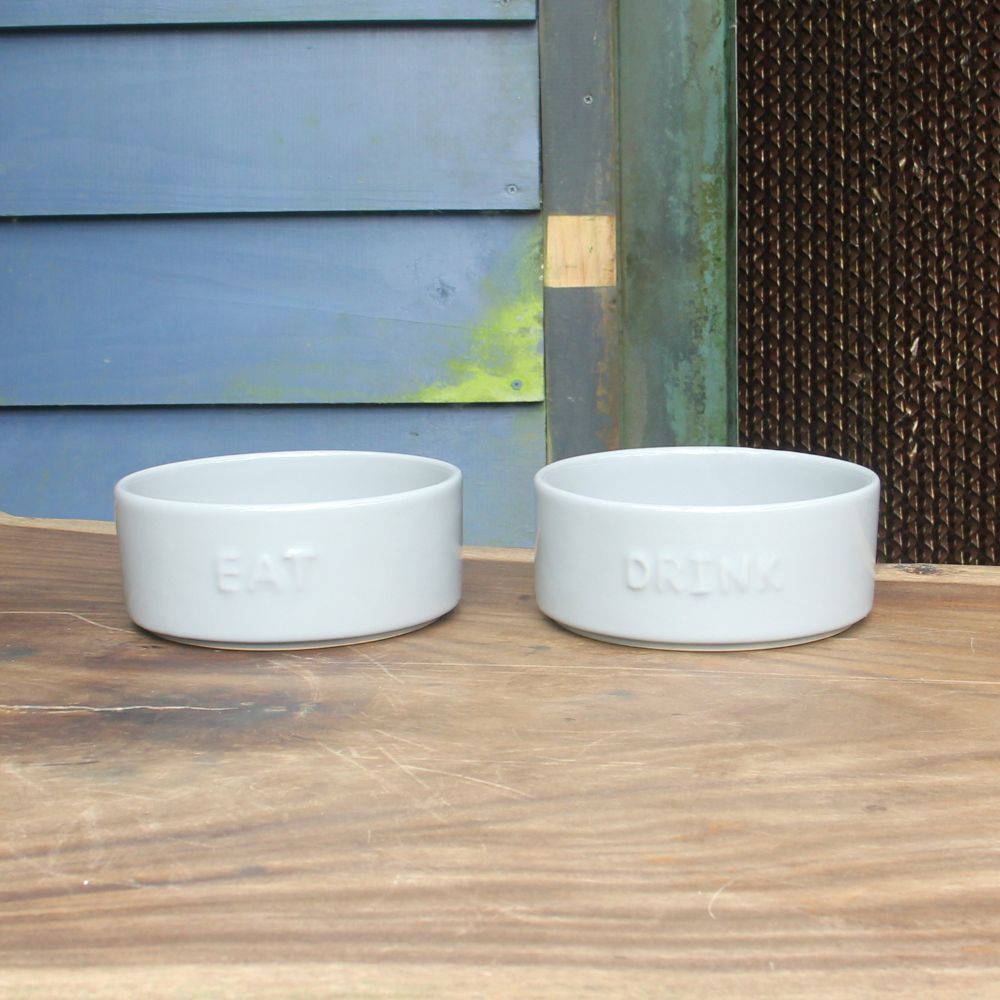 Set of 2 Stoneware Pet Bowls for Cats & Small Dogs – White Cute Text High-Gloss Easy-Clean Pet Dish - Image 4
