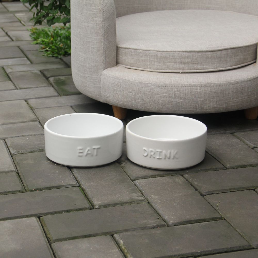 Set of 2 Stoneware Pet Bowls for Cats & Small Dogs – White Cute Text High-Gloss Easy-Clean Pet Dish - Image 3