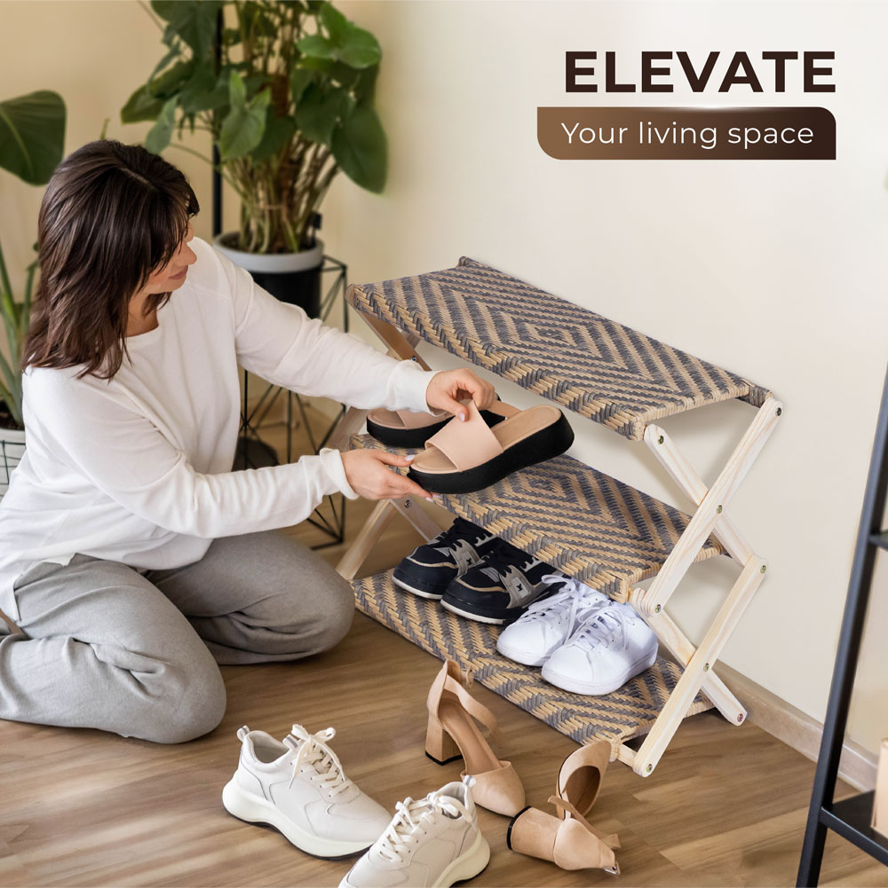 Foldable Pine Wood Shoe Rack with PE Wicker Shelves, Space-Saving 3-Tier Storage Organizer - Image 13