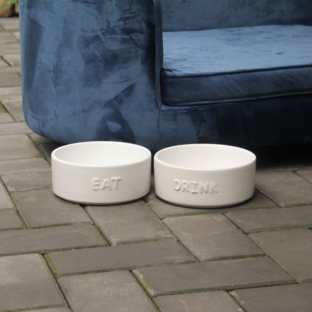 Set of 2 Stoneware Pet Bowls for Cats & Small Dogs – White Cute Text High-Gloss Easy-Clean Pet Dish