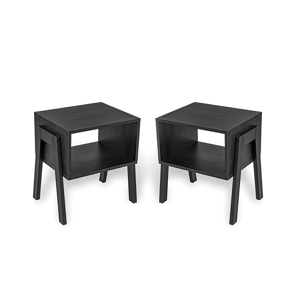 Set of 2 Stackable Black End Tables with Storage Shelf – Particle Board & Solid Pine Legs - Image 10