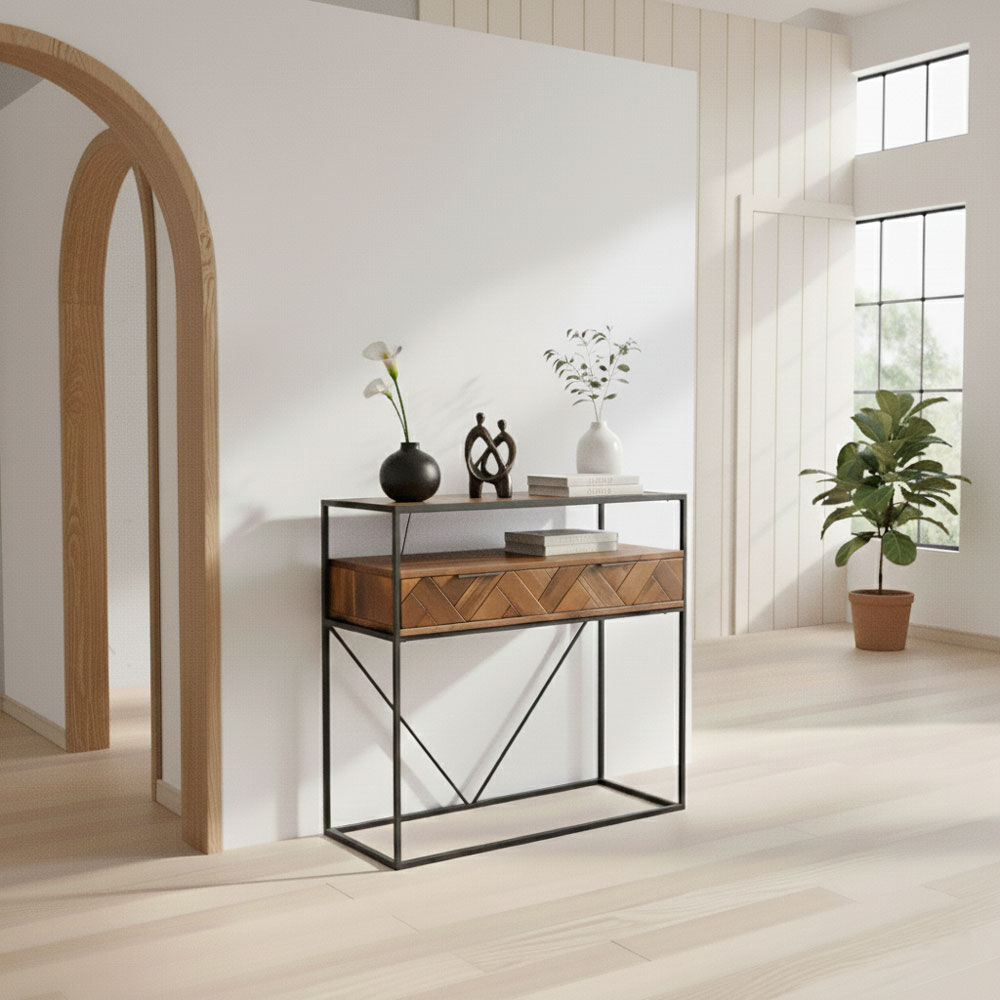 Acacia Wood Console Table with 2 Drawers & Powder-Coated Steel Frame - Image 4