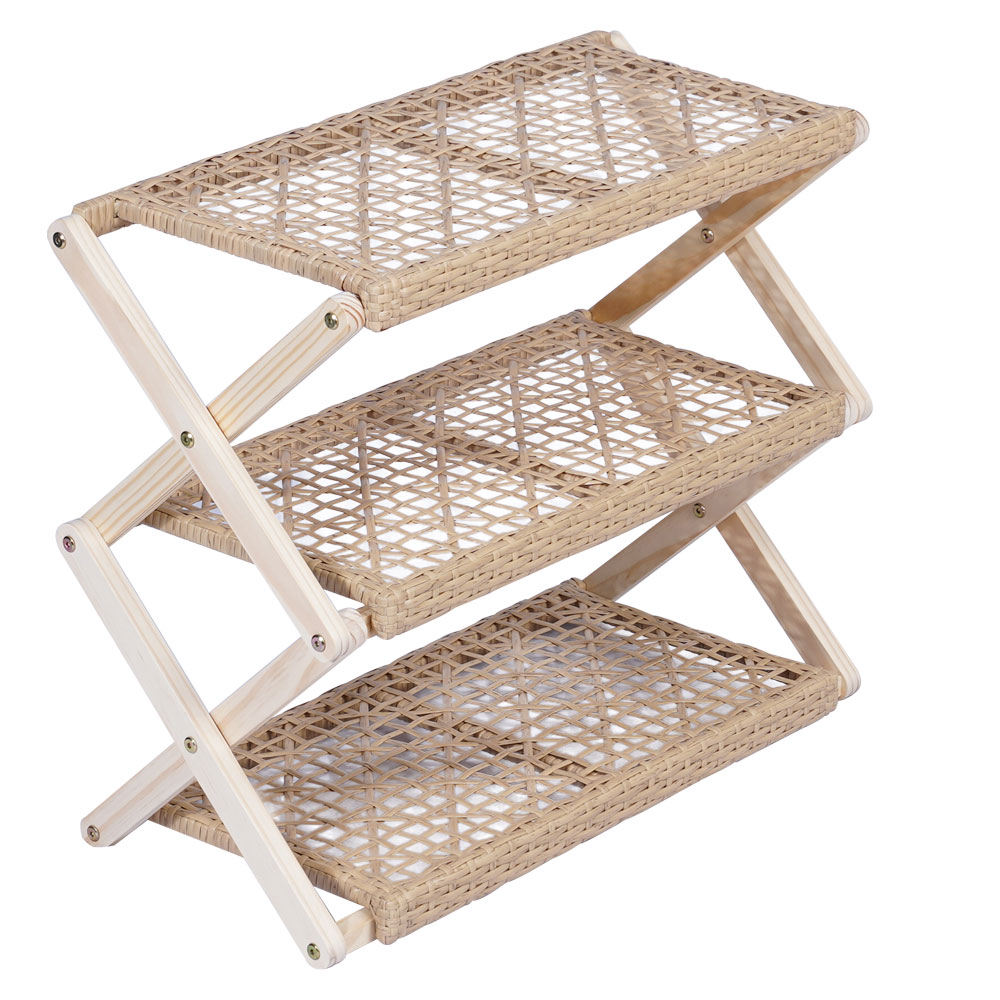 Foldable Pine Wood Shoe Rack with PE Wicker Shelves, Space-Saving 3-Tier Storage Organizer - Image 5