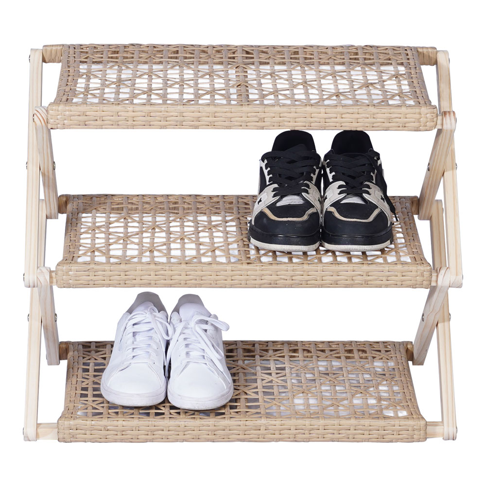 Foldable Pine Wood Shoe Rack with PE Wicker Shelves, Space-Saving 3-Tier Storage Organizer - Image 4