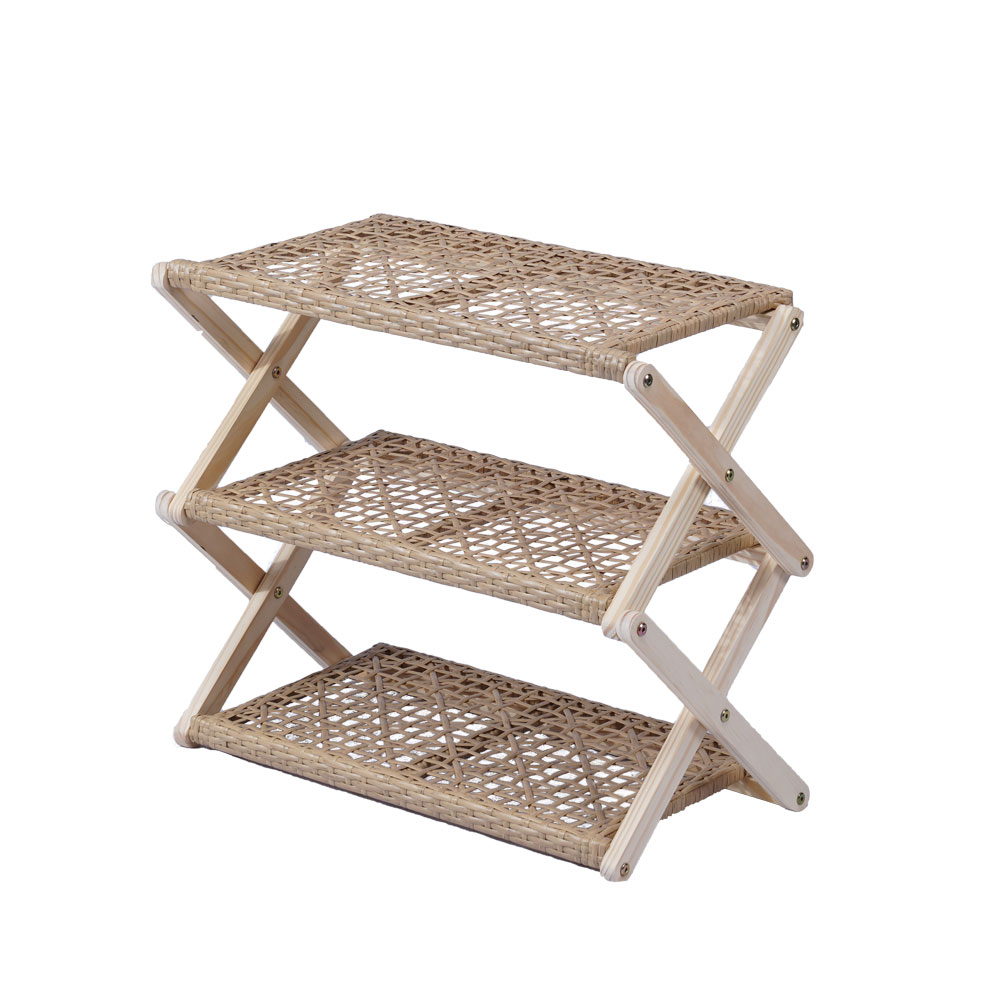 Foldable Pine Wood Shoe Rack with PE Wicker Shelves, Space-Saving 3-Tier Storage Organizer