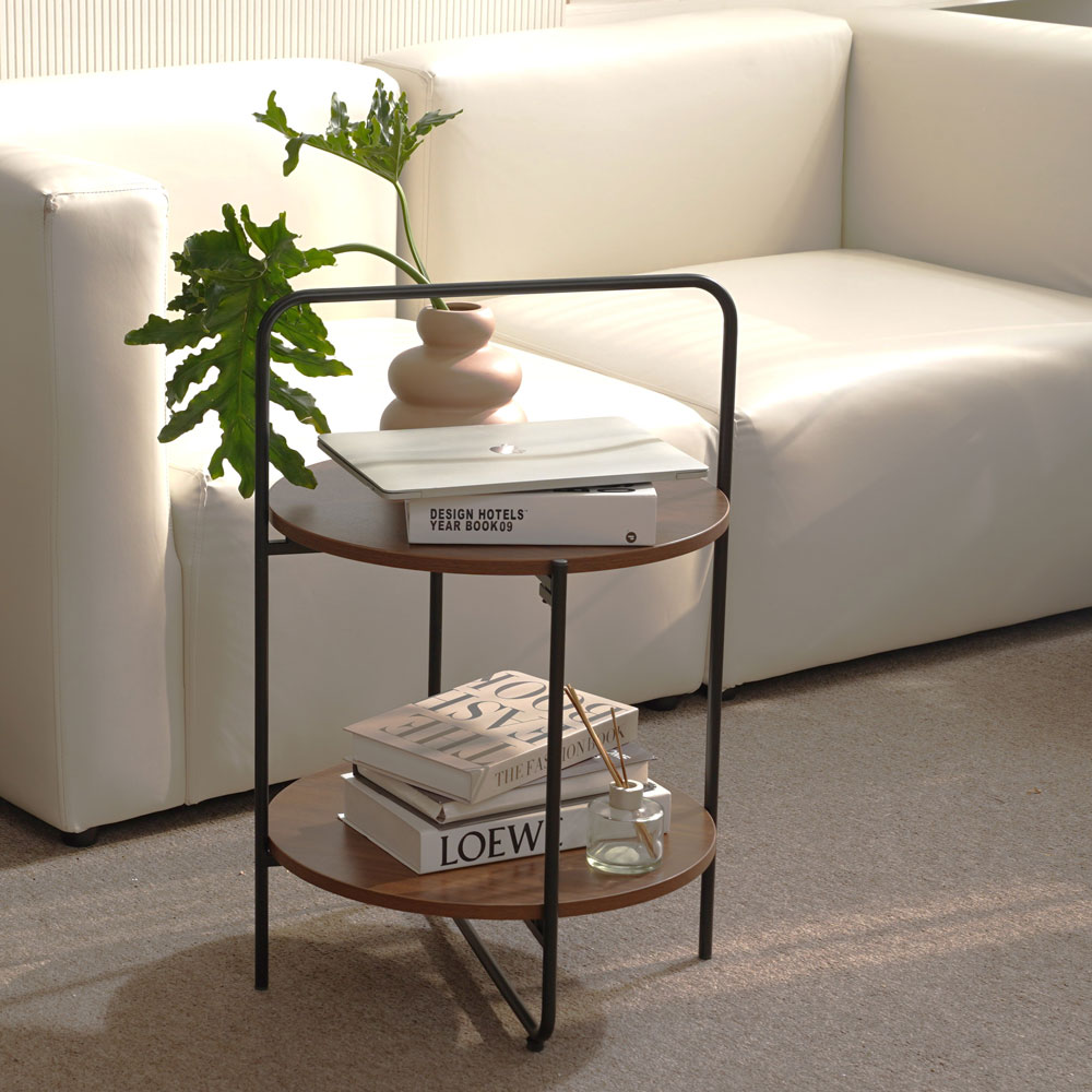 Round 2-Tier End & Brown Side Table with Foldable Steel Frame and MDF Shelves