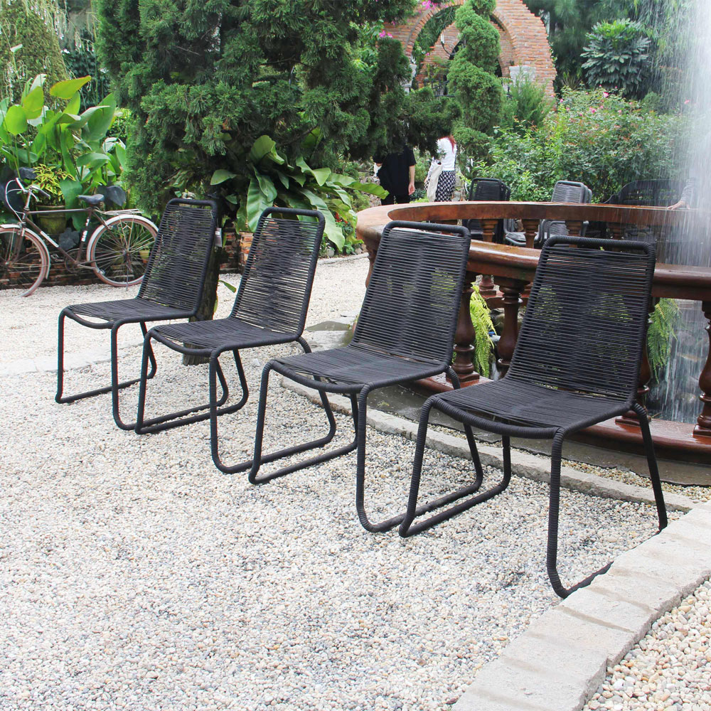 Patio Stacking Chair Set of 4 – Black Rope Weaving Steel Frame Outdoor Dining Chairs - Image 7