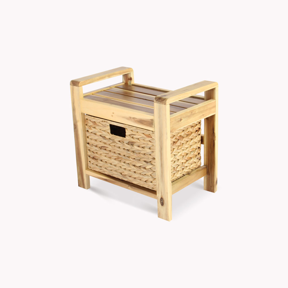 Handmade Acacia Wood Storage Stool with Water Hyacinth Basket – Natural Accent Organizer - Image 5
