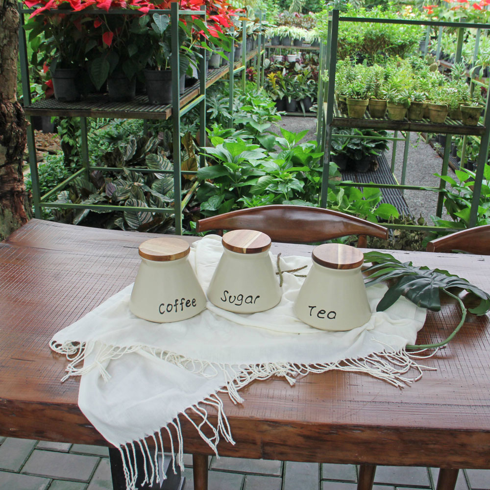 Stoneware Kitchen Canister Set with Acacia Lids – Sugar, Tea & Coffee White Storage Jars (Set of 3) - Image 6