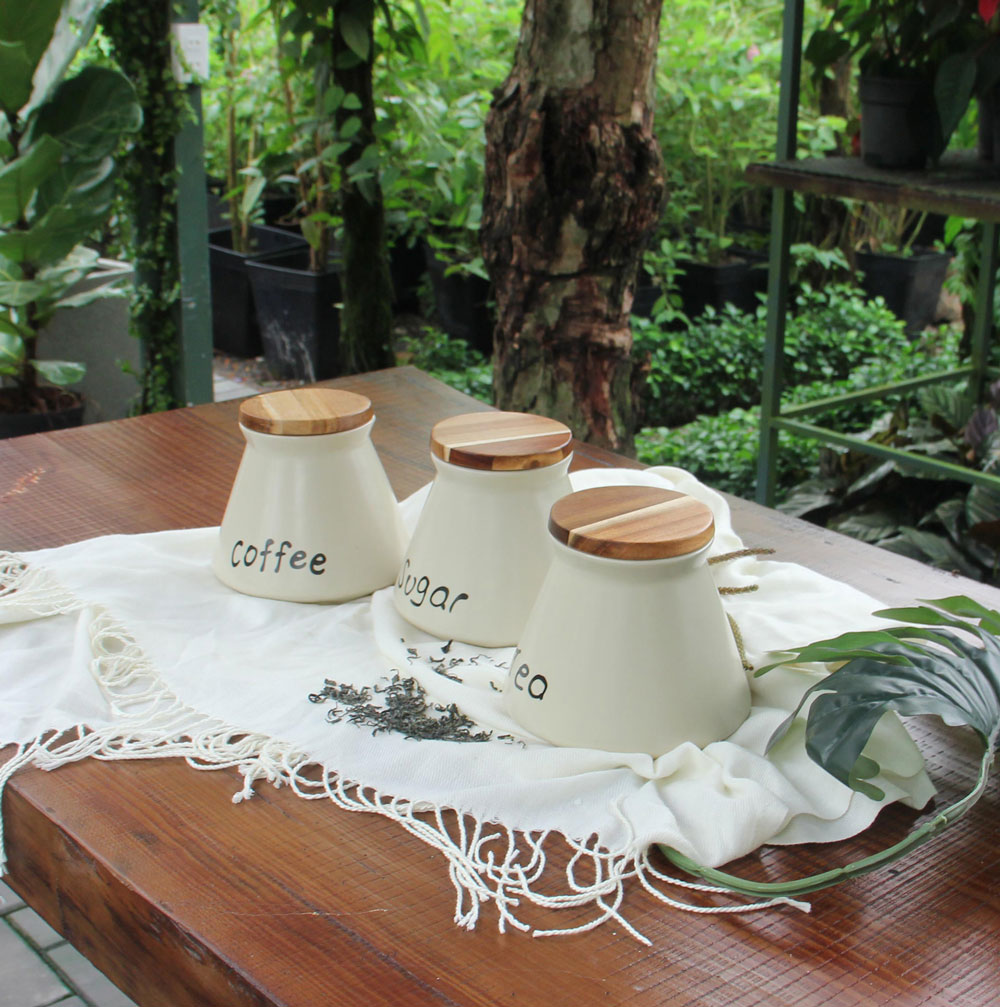 Stoneware Kitchen Canister Set with Acacia Lids – Sugar, Tea & Coffee White Storage Jars (Set of 3) - Image 4