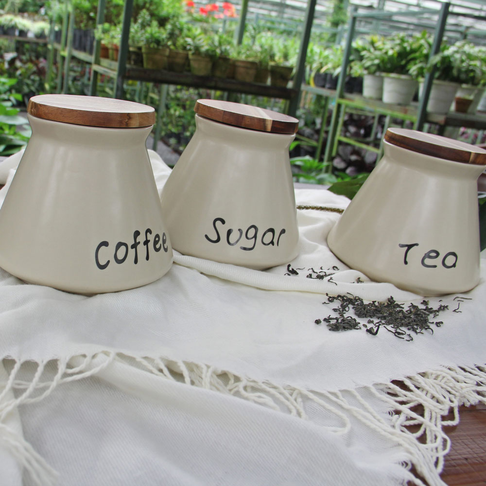 Stoneware Kitchen Canister Set with Acacia Lids – Sugar, Tea & Coffee White Storage Jars (Set of 3) - Image 3