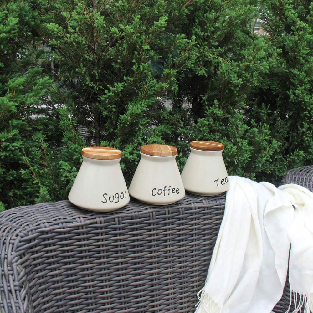 Stoneware Kitchen Canister Set with Acacia Lids – Sugar, Tea & Coffee White Storage Jars (Set of 3) - Image 2