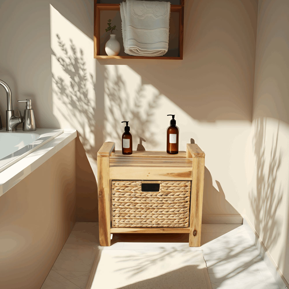 Handmade Acacia Wood Storage Stool with Water Hyacinth Basket – Natural Accent Organizer - Image 3