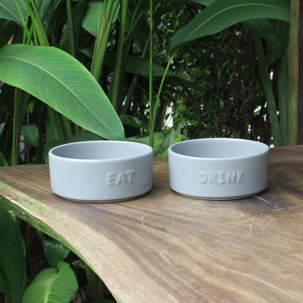 Set of 2 Stoneware Pet Bowls for Cats & Small Dogs – Gray Cute Text High-Gloss Easy-Clean Pet Dish - Image 7