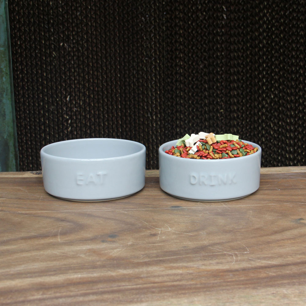 Set of 2 Stoneware Pet Bowls for Cats & Small Dogs – Gray Cute Text High-Gloss Easy-Clean Pet Dish