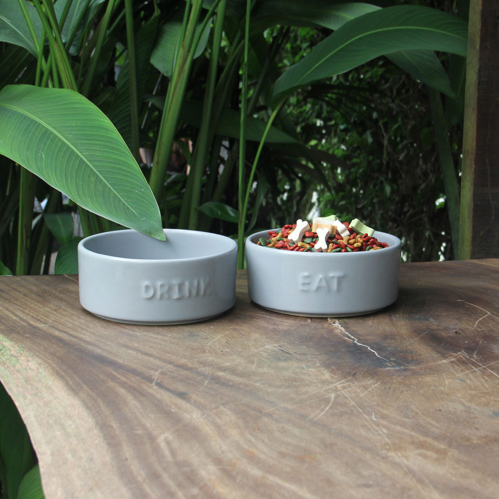 Set of 2 Stoneware Pet Bowls for Cats & Small Dogs – Gray Cute Text High-Gloss Easy-Clean Pet Dish - Image 5