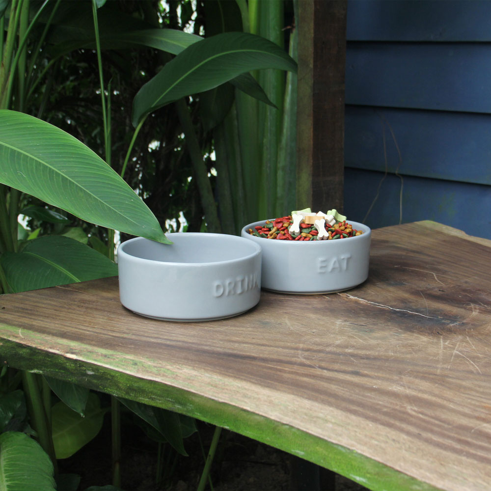 Set of 2 Stoneware Pet Bowls for Cats & Small Dogs – Gray Cute Text High-Gloss Easy-Clean Pet Dish - Image 4