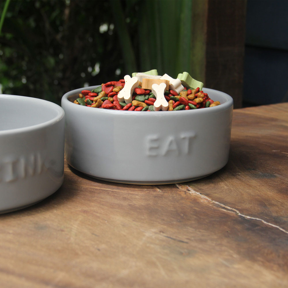 Set of 2 Stoneware Pet Bowls for Cats & Small Dogs – Gray Cute Text High-Gloss Easy-Clean Pet Dish - Image 3