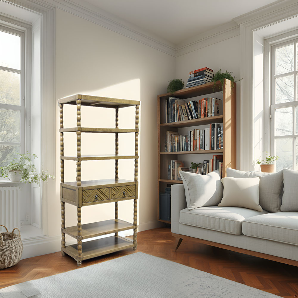 Solid Acacia Wood 6-Tier Bookcase with Drawer – Freestanding Storage Shelf - Image 9