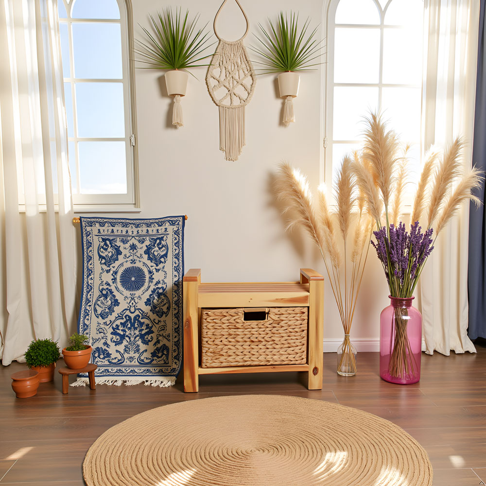 Handmade Acacia Wood Storage Stool with Water Hyacinth Basket – Natural Accent Organizer - Image 15