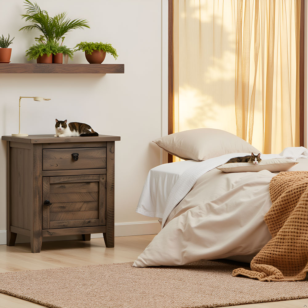 Solid Acacia Wood Nightstand – Rustic Gray Bedside Cabinet Storage Table - Image 13