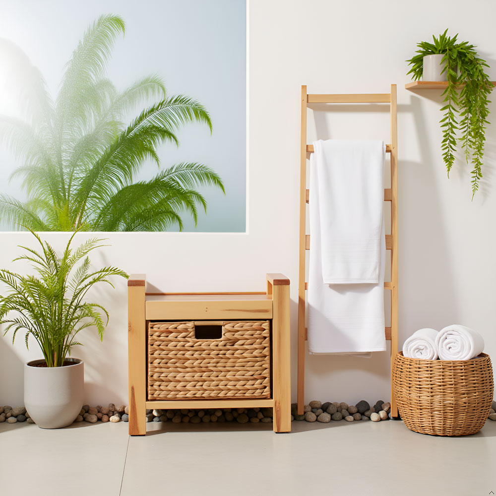 Handmade Acacia Wood Storage Stool with Water Hyacinth Basket – Natural Accent Organizer - Image 14