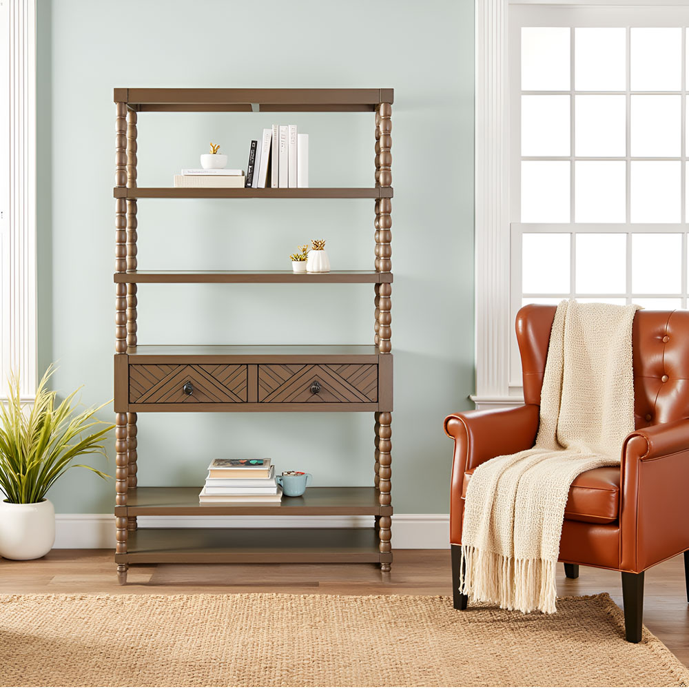 Solid Acacia Wood 6-Tier Bookcase with Drawer – Freestanding Storage Shelf - Image 6