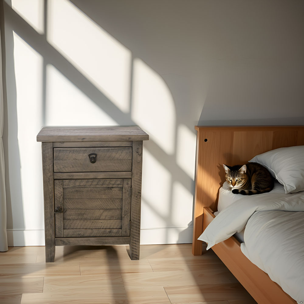 Solid Acacia Wood Nightstand – Rustic Gray Bedside Cabinet Storage Table - Image 11
