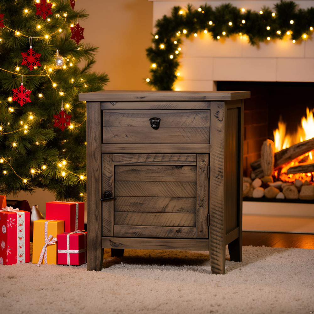 Solid Acacia Wood Nightstand – Rustic Gray Bedside Cabinet Storage Table - Image 18