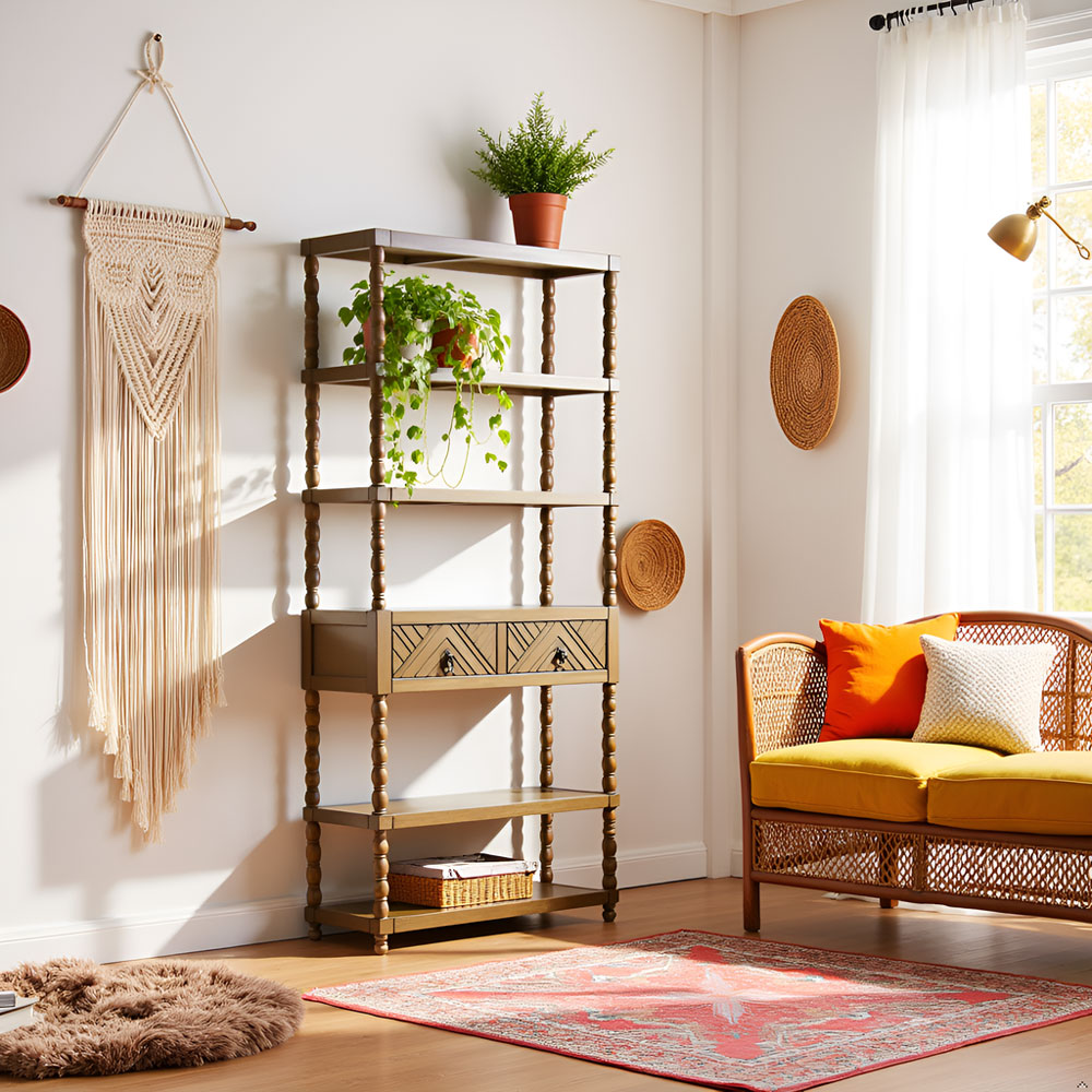 Solid Acacia Wood 6-Tier Bookcase with Drawer – Freestanding Storage Shelf - Image 8