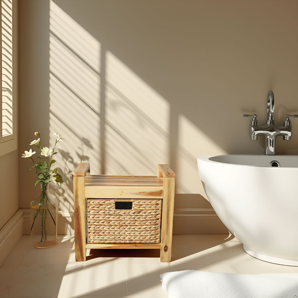 Handmade Acacia Wood Storage Stool with Water Hyacinth Basket – Natural Accent Organizer - Image 12